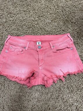 True Religion Coral Pink Frayed Hem Denim Shorts